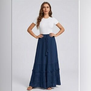 Navy Blue Boho Tiered Maxi Skirt with Tiered Layers